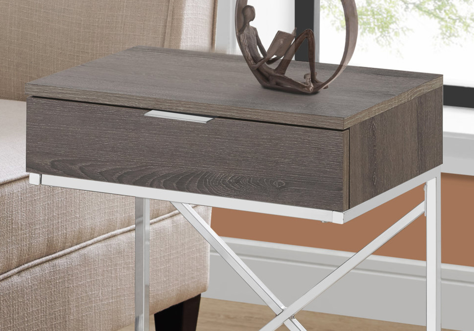 ACCENT END TABLE - 24"H / DARK TAUPE / CHROME METAL WITH DRAWER